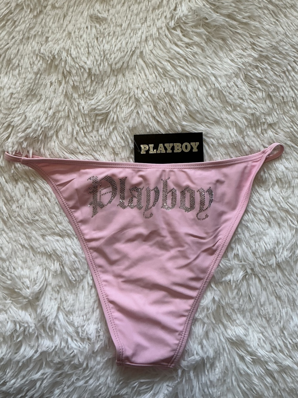 PLAYBOY Pink Rhinestone Logo Thong Swimsuit Bottoms